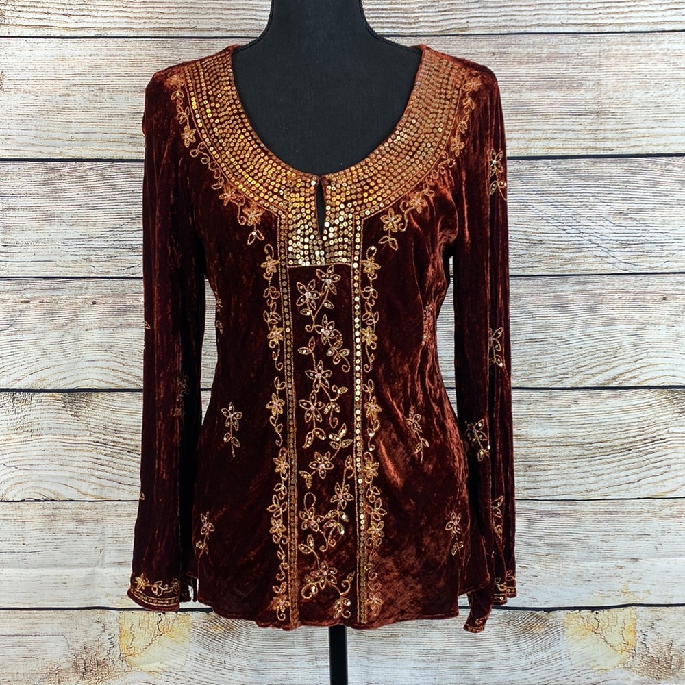 Rust Red Sequin Velvet Keyhole Blouse